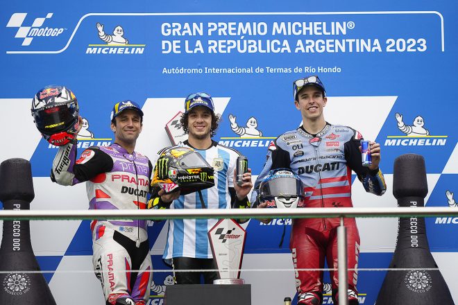 表彰台を獲得したマルコ・ベゼッチ、ヨハン・ザルコ、アレックス・マルケス／2023MotoGP第2戦アルゼンチンGP 決勝