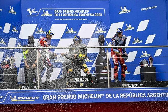 表彰台を獲得したマルコ・ベゼッチ、ヨハン・ザルコ、アレックス・マルケス／2023MotoGP第2戦アルゼンチンGP 決勝