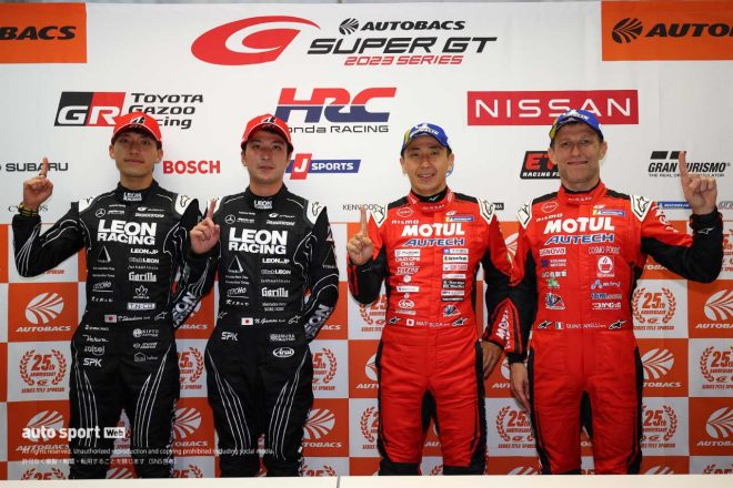 2023スーパーGT第1戦岡山　ポールポジション会見に出席した篠原拓朗／蒲生尚弥／松田次生／ロニー・クインタレッリ