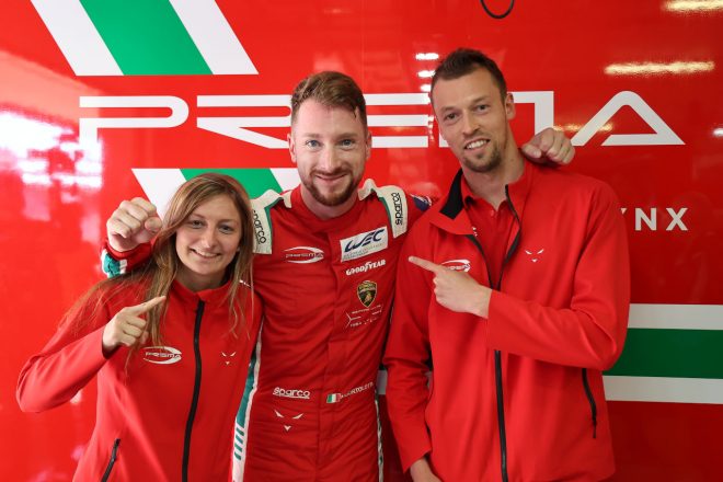 LMP2クラスのポールポジションを獲得したプレマ・レーシングの（左から）ドリアーヌ・ピン、ミルコ・ボルトロッティ、ダニール・クビアト　2023年WEC第2戦ポルティマオ6時間レース