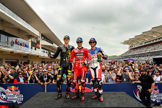 予選トップ3のフランセスコ・バニャイア、アレックス・リンス、ルカ・マリーニ／2023MotoGP第3戦アメリカズGP