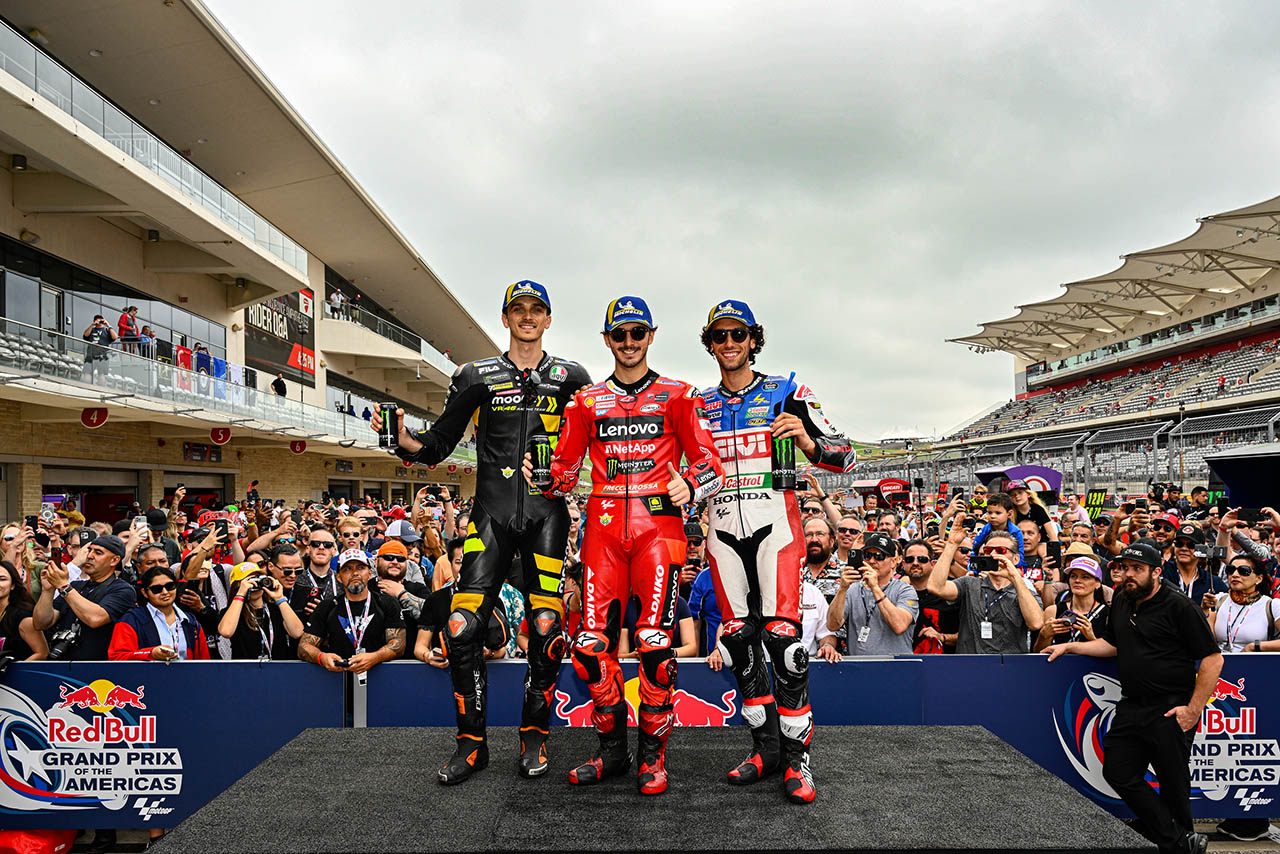 予選トップ3のフランセスコ・バニャイア、アレックス・リンス、ルカ・マリーニ／2023MotoGP第3戦アメリカズGP