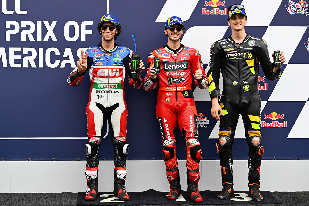 予選トップ3のフランセスコ・バニャイア、アレックス・リンス、ルカ・マリーニ／2023MotoGP第3戦アメリカズGP