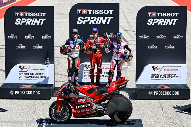 表彰台を獲得したフランセスコ・バニャイア、アレックス・リンス、ホルヘ・マルティン／2023MotoGP第3戦アメリカズGP スプリント