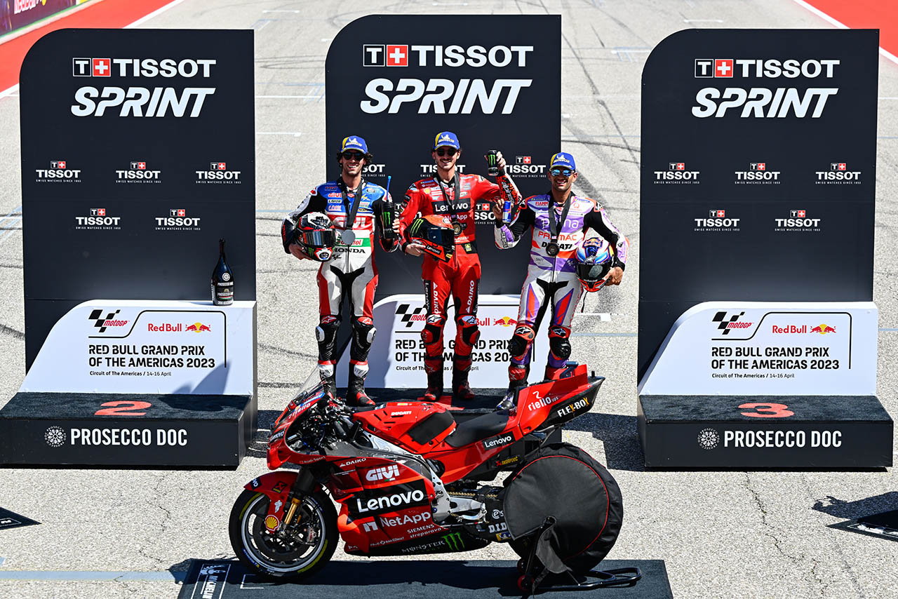 表彰台を獲得したフランセスコ・バニャイア、アレックス・リンス、ホルヘ・マルティン／2023MotoGP第3戦アメリカズGP スプリント