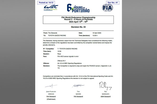 トヨタ7号車へトルクセンサーの交換を命じたスチュワード・ディシジョンNo.34