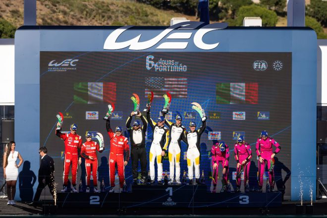 LMGTEアマクラスではシボレー、フェラーリ、ポルシェチームが表彰台を分け合った。　2023年WEC第2戦ポルティマオ6時間レース