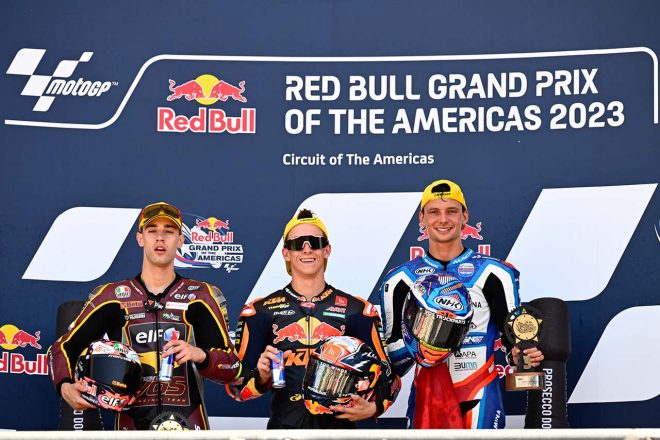 Moto2：表彰台を獲得したペドロ・アコスタ、トニー・アルボリーノ、ボ・ベンスナイダー／2023MotoGP第3戦アメリカズGP 決勝