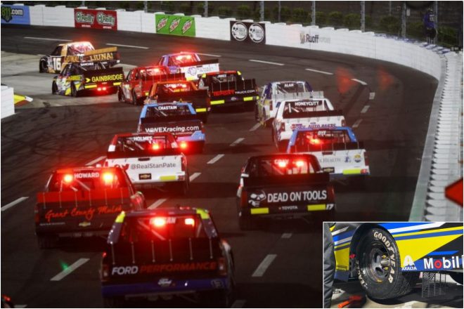 金曜決勝となったNASCARクラフツマン・トラック・シリーズ第7戦『ロング・ジョン・シルバーズ200』は、全車レインタイヤ装着でテールライトを灯してのスタートに
