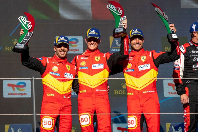 2位表彰台を獲得した50号車フェラーリ499Pのアントニオ・フォコ/ニクラス・ニールセン/ミゲル・モリーナ組 2023年WEC第2戦ポルティマオ6時間レース