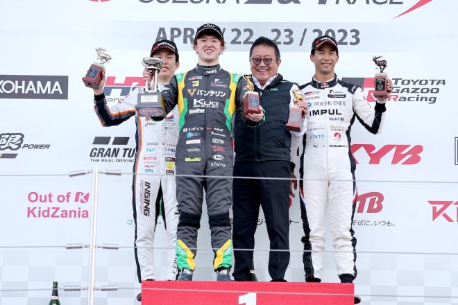 第3戦優勝の宮田莉朋、2位表彰台を獲得した坪井翔（左）と、同3位となった平川亮（右） 　2023スーパーフォーミュラ第3戦鈴鹿