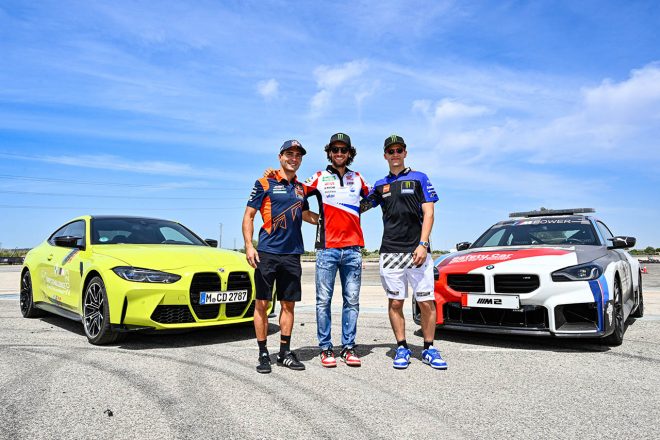 2023MotoGP第4戦スペインGPのイベントに参加したアレックス・リンス、ファビオ・クアルタラロ、アルベルト・アレナス