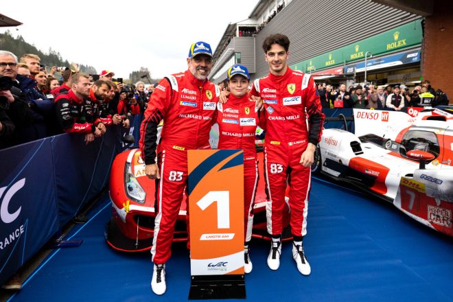 優勝したリシャール・ミル・AFコルセの（左から）ルイス・ペレス・コンパンク、リル・ワドゥ、アレッシオ・ロベラ　2023年WEC第3戦スパ6時間レース