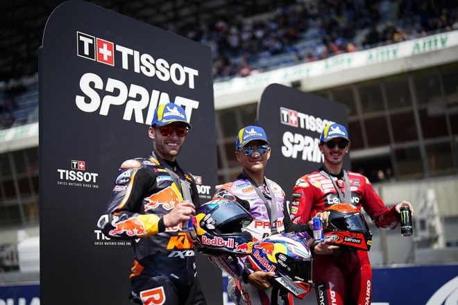 スプリントでトップ3のホルヘ・マルティン、ブラッド・ビンダー、フランセスコ・バニャイア／2023MotoGP第5戦フランスGP