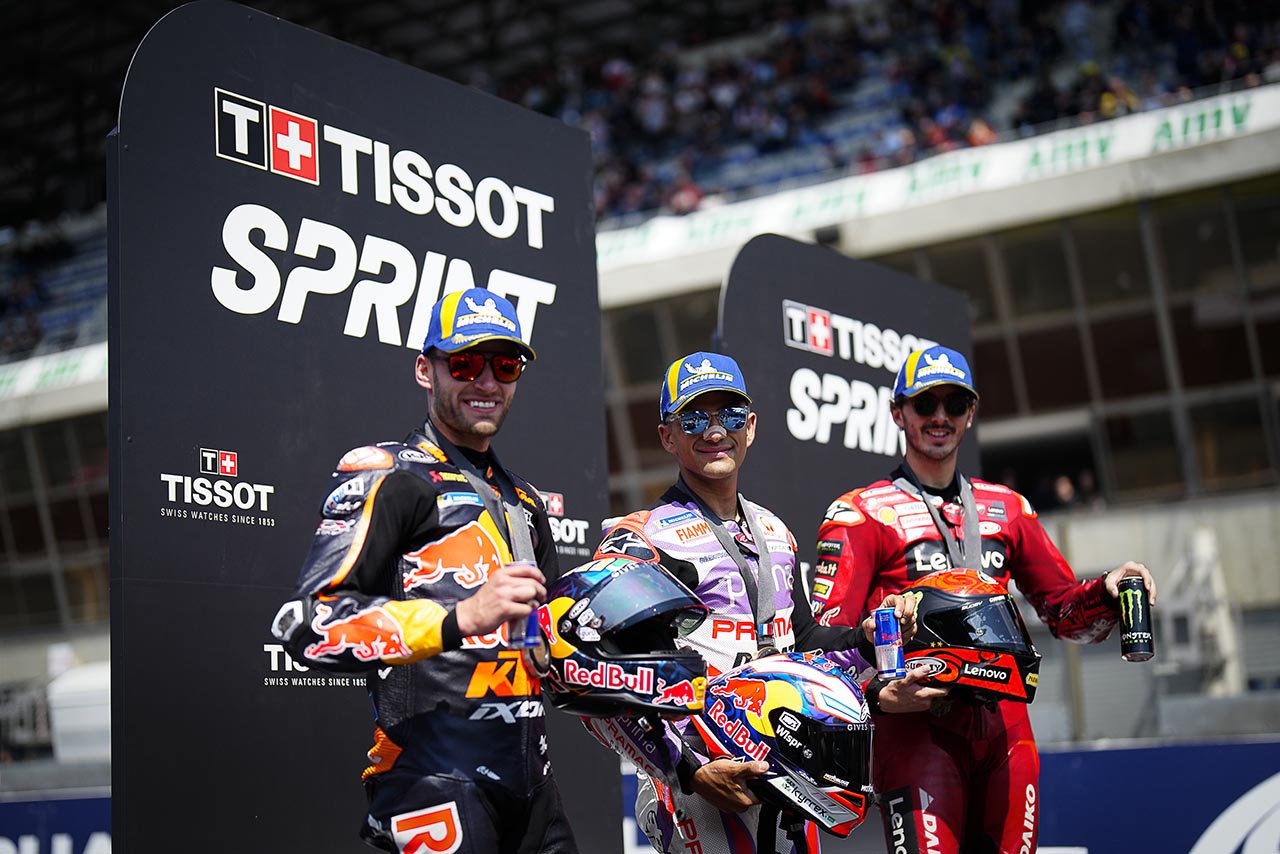 スプリントでトップ3のホルヘ・マルティン、ブラッド・ビンダー、フランセスコ・バニャイア／2023MotoGP第5戦フランスGP