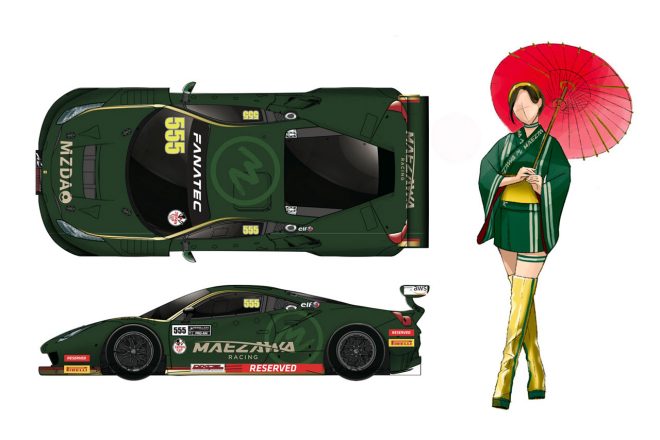 MAEZAWA RACINGのフェラーリのカラーリングとレースクイーンのコスチューム。『祭』をイメージする。