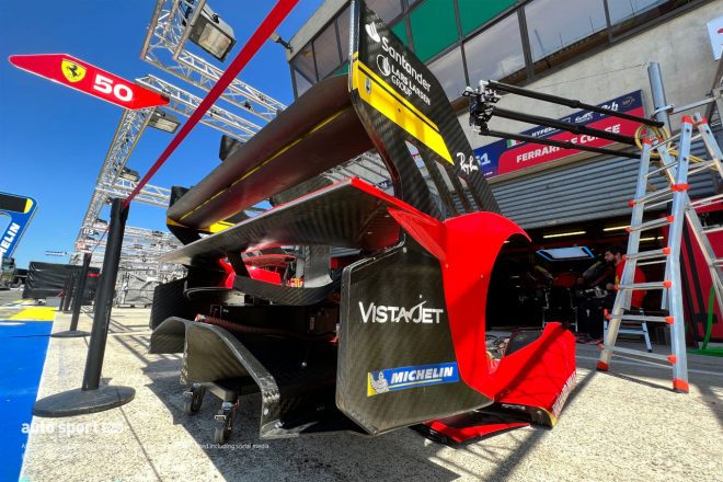 ピットロードに置かれた51号車フェラーリ499Pのリアセクションも見てみましょう。いたるところにガーニーフラップが装着されていることがわかりますね。最高速やコーナリング・セクションのタイムに注目したいところ。