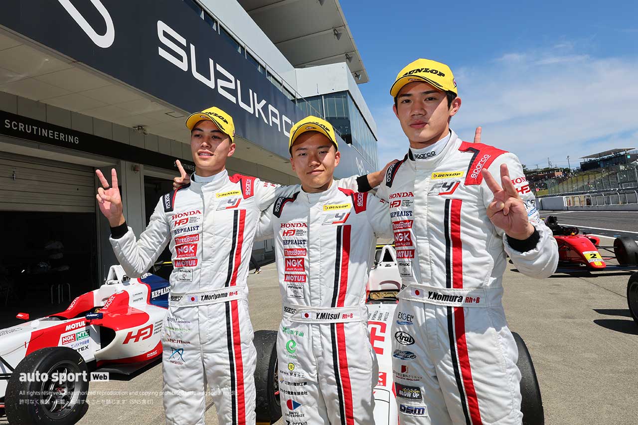 2023FIA-F4第4戦鈴鹿でトップ3を独占したHFDP RACING TEAMの森山冬星／三井優介／野村勇斗