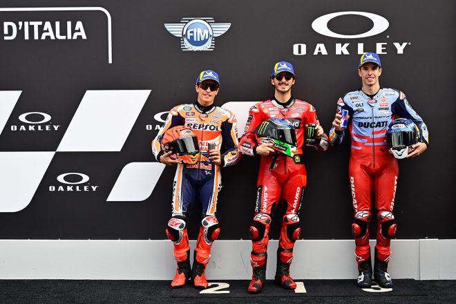 予選トップ3のフランセスコ・バニャイア、マルク・マルケス、アレックス・マルケス／2023MotoGP第6戦イタリアGP