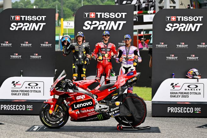 スプリントレース、トップ3のフランセスコ・バニャイア、マルコ・ベゼッチ、ホルヘ・マルティン／2023MotoGP第6戦イタリアGP