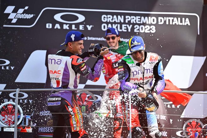 表彰台を獲得したフランセスコ・バニャイア、ホルヘ・マルティン、ヨハン・ザルコ／2023MotoGP第6戦イタリアGP 決勝