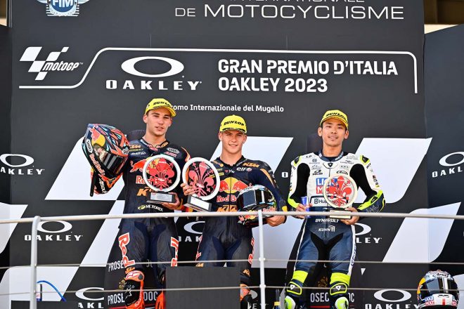 Moto3：表彰台を獲得したダニエル・オルガド、デニス・オンジュ、佐々木歩夢／2023MotoGP第6戦イタリアGP 決勝