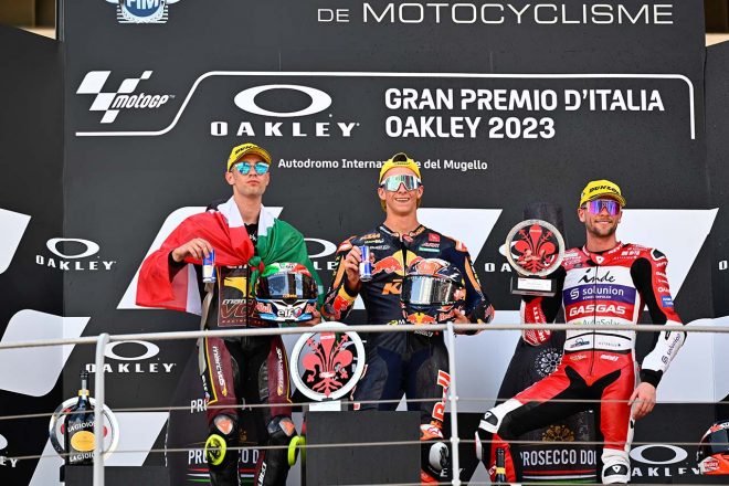 Moto2：表彰台を獲得したペドロ・アコスタ、トニー・アルボリーノ、ジェイク・ディクソン／2023MotoGP第6戦イタリアGP 決勝