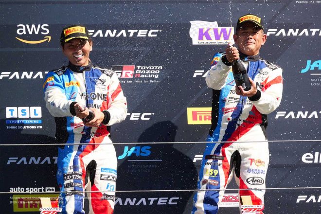 2023GTWCアジア第3戦富士　シャンパンファイトを行う加納政樹と織戸学（YZレーシング・ウィズ・BMWチーム・スタディ）