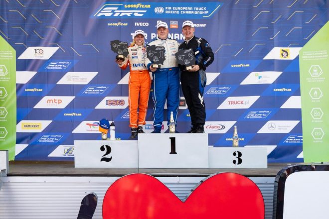 2位シュティフィ・ハルム（チーム・シュバーベントラック／イベコ）、3位ジェイミー・アンダーソン（アンダーソン・レーシング／MAN）の全員が、今季初表彰台を獲得するフレッシュな顔ぶれとなった