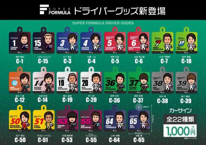 2023年スーパーフォーミュラ・イラストドライバーグッズ3：カーサイン（全22種類）価格：1,000円（税込み）