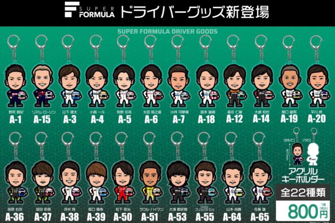 2023年スーパーフォーミュラ・イラストドライバーグッズ1：アクリルキーホルダー（全22種類）価格：800円（税込み）