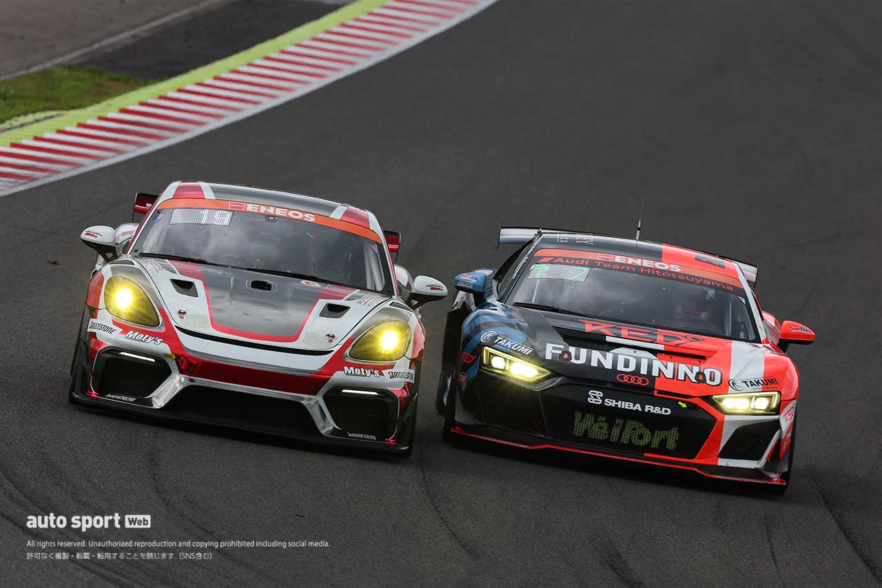 2023スーパー耐久第3戦SUGO　BRP★SUNRISE-Blvd718GT4RSとベンチャー投資のファンディーノ Audi R8 LMSのバトル