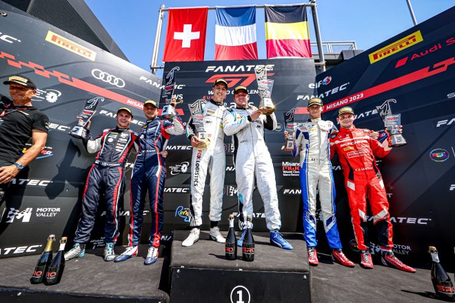 レース1の表彰式　2023年GTWCヨーロッパ第5戦ミサノ