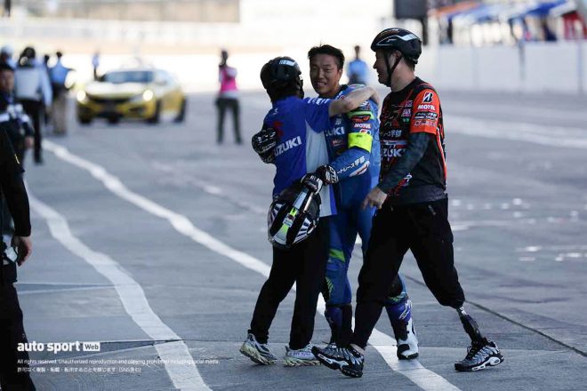 津田拓也、齋藤James文護オーナー、中井貴之監督（AutoRace Ube Racing Team）／2023鈴鹿8耐 トップ10トライアル