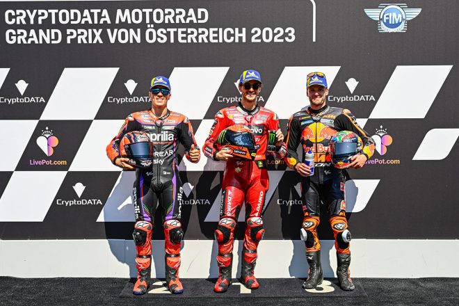 予選トップ3のフランセスコ・バニャイア、マーベリック・ビニャーレス、ブラッド・ビンダー／2023MotoGP第10戦オーストリアGP