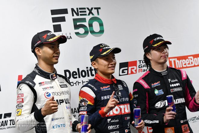 2023スーパーフォーミュラ第7戦もてぎ　決勝トップ3会見に登場した野尻智紀、平川亮、大湯都史樹