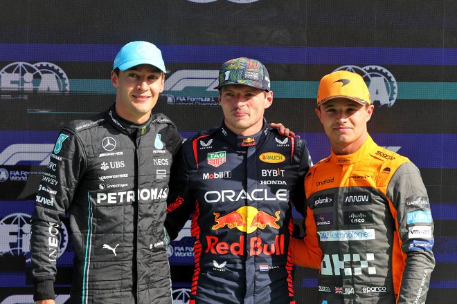 2023年F1第14戦オランダGP　PPのマックス・フェルスタッペン（レッドブル）、2番手のランド・ノリス（マクラーレン）、3番手のジョージ・ラッセル（メルセデス）