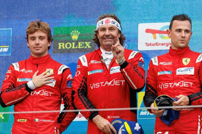 2023年WEC第6戦富士のLMGTEアマクラスを制したAFコルセ54号車フェラーリ488 GTE Evoの（左から）フランチェスコ・カステラッチ、トーマス・フロー、ダビデ・リゴン