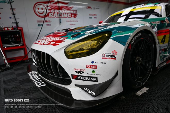 2023スーパーGT第6戦SUGO　グッドスマイル 初音ミク AMGには今回限定、お弁当のこばやしのロゴが。