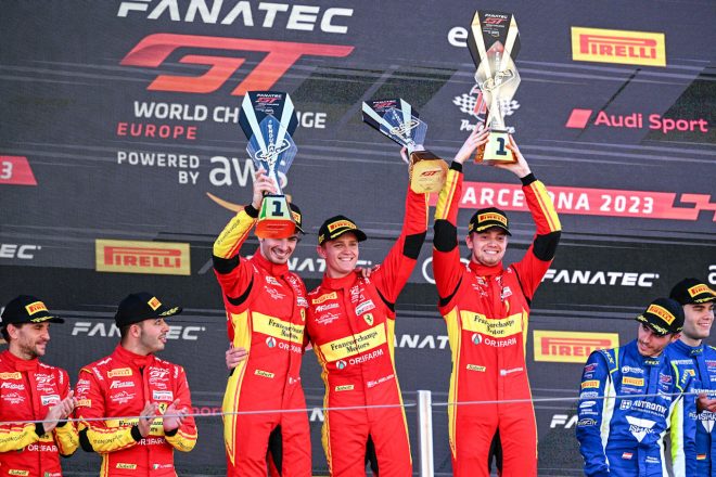 フェラーリ296 GT3でシリーズ初ポールに続き初優勝も飾ったアレックス・ロベラ／ニクラス・ニールセン／ロバート・シュワルツマン組（AFコルセ）