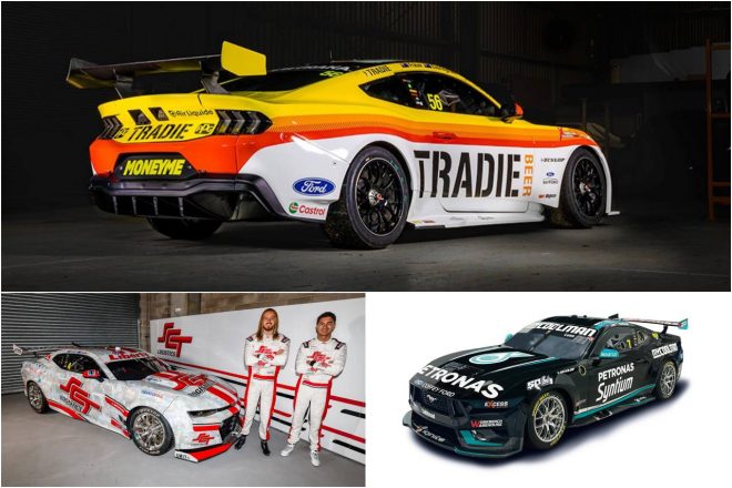 ティックフォードの56号車デクラン・フレイザー／タイラー・エヴァリンガム組（上）は今季3番目のスキーム、BRT（右）はメルセデスF1インスパイアのペトロナスカラーに。そしてBJR（左）はファン提供のバサースト・メモリー・フォトをあしらった