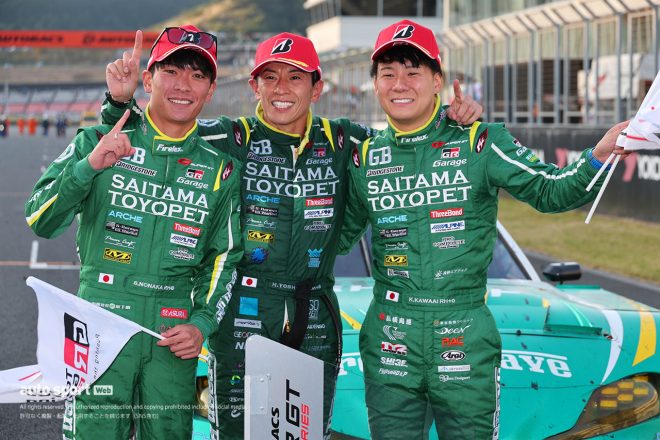 2023スーパーGT第7戦オートポリス　GT300クラスを制した野中誠太／吉田広樹／川合孝汰（埼玉トヨペットGB GR Supra GT）