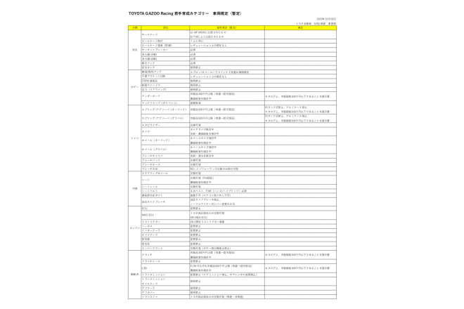 若手育成カテゴリー（仮称）　暫定車両規定（10月18日付）
