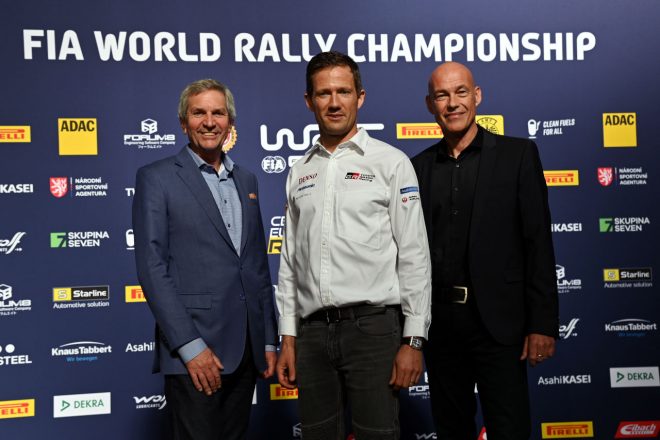 セントラル・ヨーロピアン・ラリーの開催を前に、8度のWRCワールドチャンピオンであるセバスチャン・オジエ（中央）を招いた記者会見がドイツ、ミュンヘンの総合自動車施設『モーターワールド』で行われた。