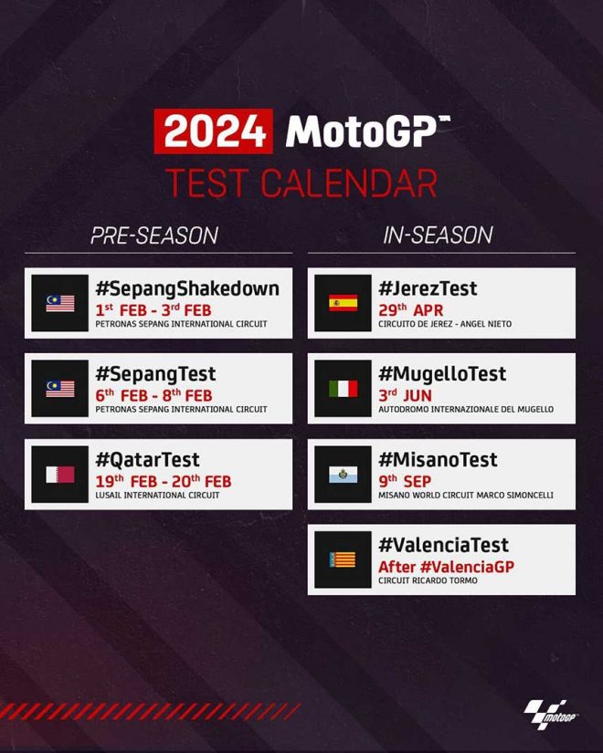 2024年MotoGPプレシーズンテスト日程