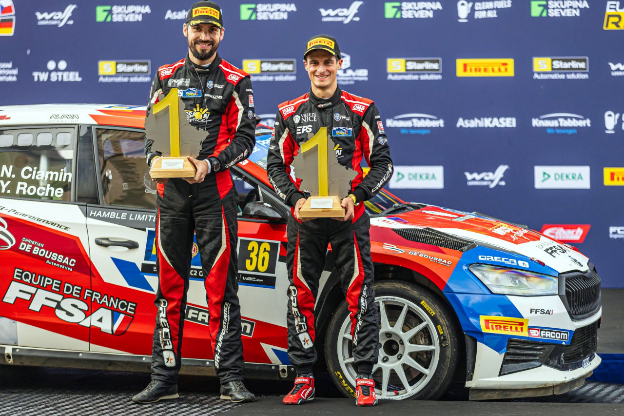 WRC2クラスで優勝したニコラ・シアマン／ヤニック・ロシュ組（シュコダ・ファビアRSラリー2）　2023年WRC第12戦セントラル・ヨーロピアン・ラリー