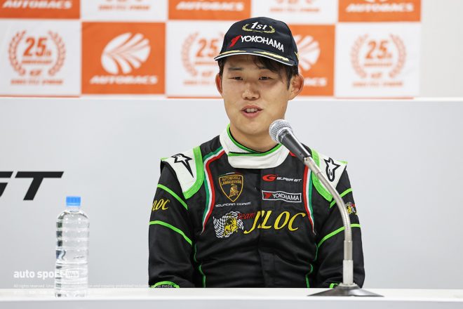 優勝記者会見に出席した元嶋佑弥（JLOC ランボルギーニ GT3）