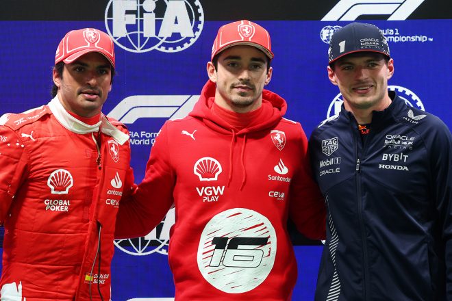 2023年F1第22戦ラスベガスGP　PPのシャルル・ルクレール、予選2番手カルロス・サインツ、予選3番手マックス・フェルスタッペン