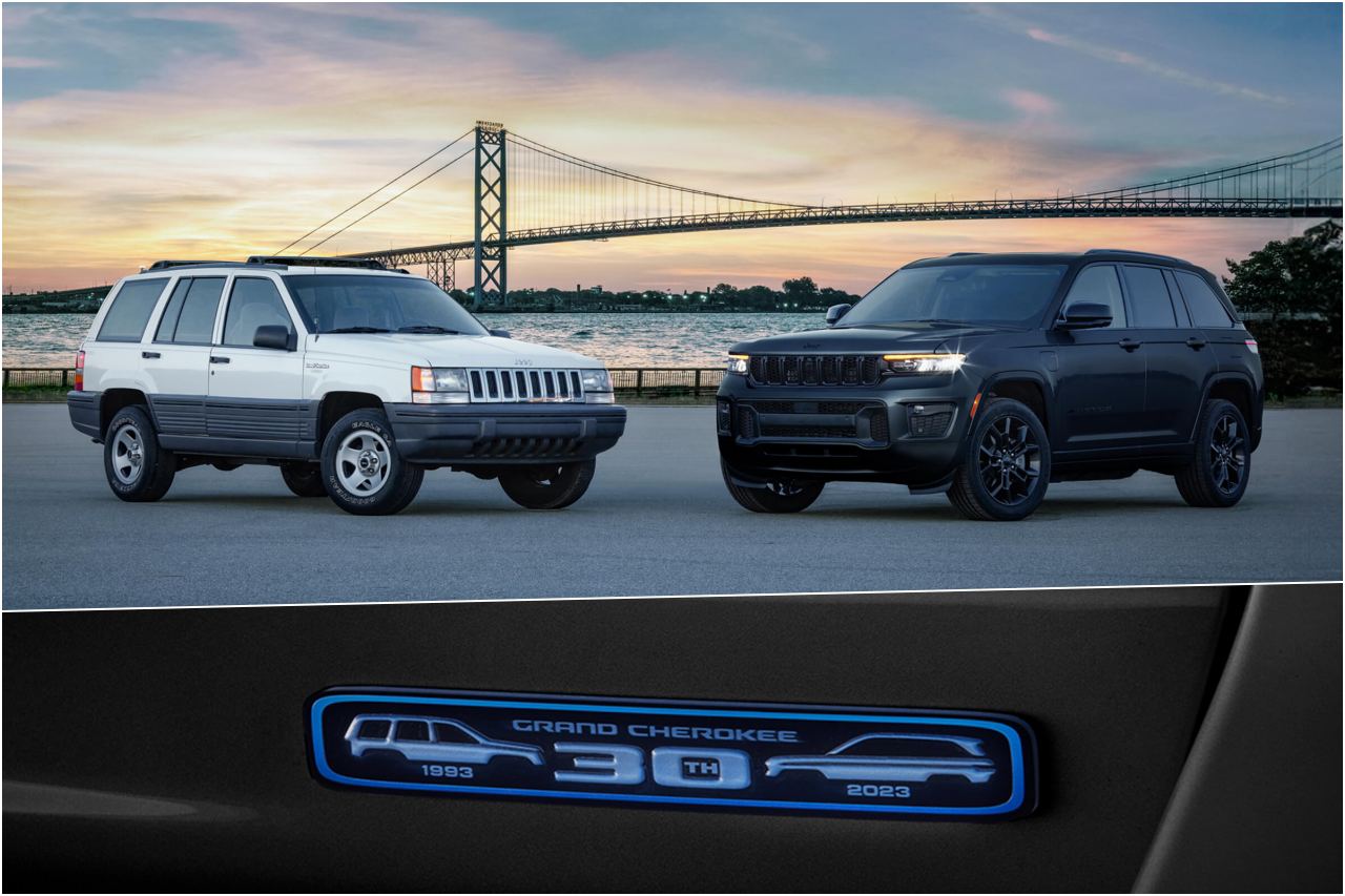 リヤゲートに装着した専用バッジは、1993年に誕生した当時のグランドチェロキーと現行モデルのシルエットが向かい合わせになる、限定車ならではのデザインとなっている