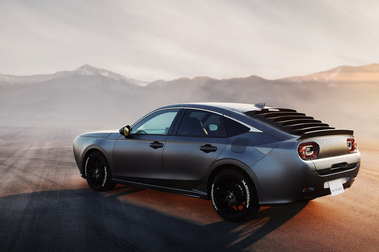 1970年代のアメリカン・マッスルカーを思わせるデザインが施されたミツオカM55コンセプトのリヤビュー